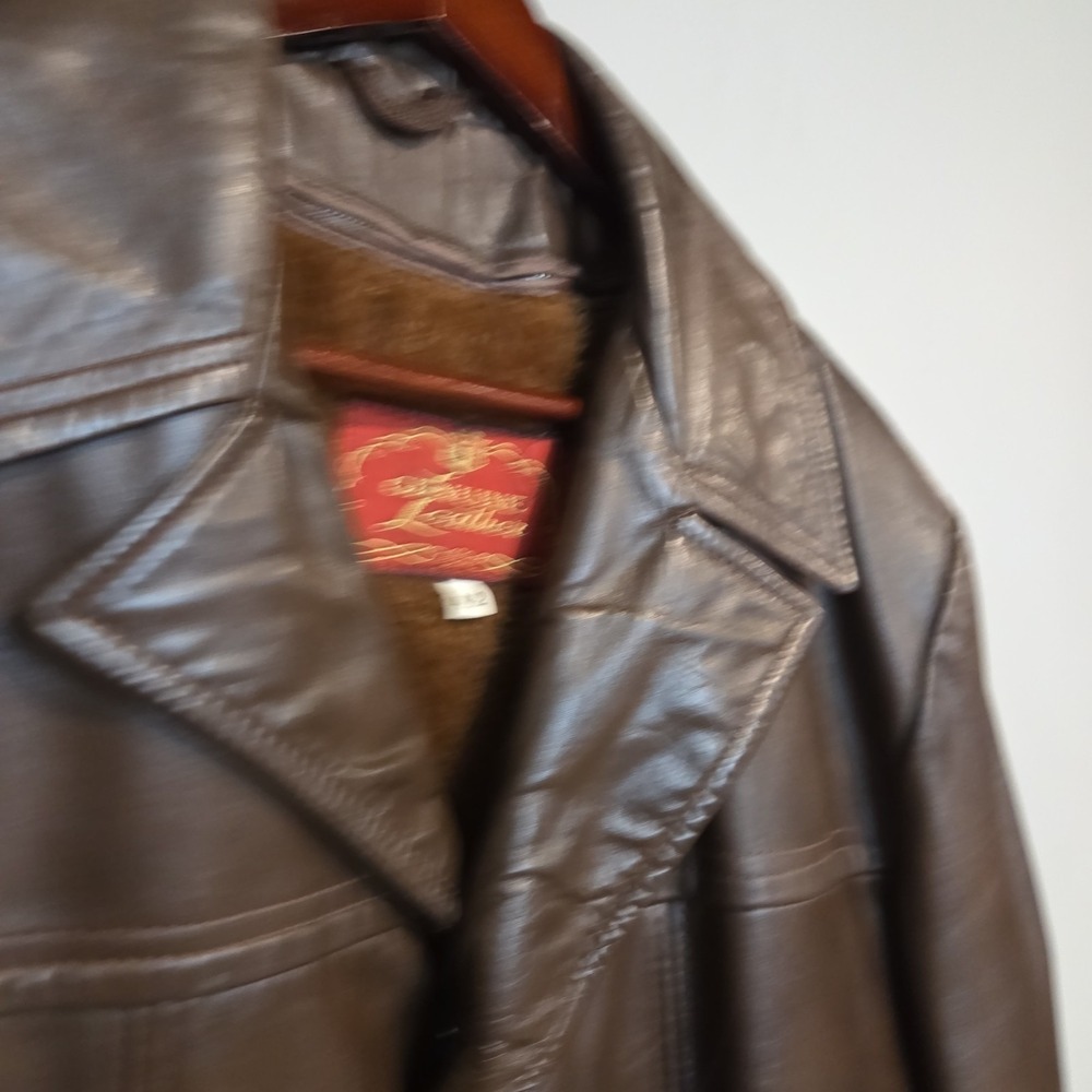Vintage Genuine Leather Car Coat Jacket Mens 42 Brown Faux‎ Fur Lined 70s Retro